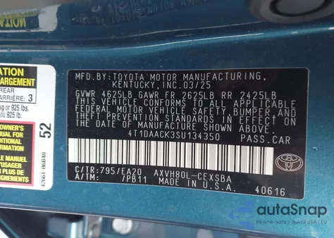 2025 Toyota Camry Se from USA, damaged, VIN 4T1DAACK3SU134350